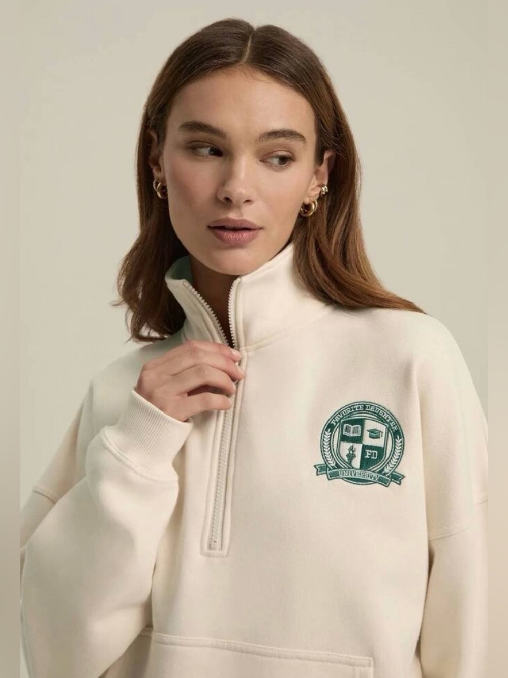 FAVORITE DAUGHTER The Coaches Half Zip Jacket Sweatshirt Ivory Cotton Blend